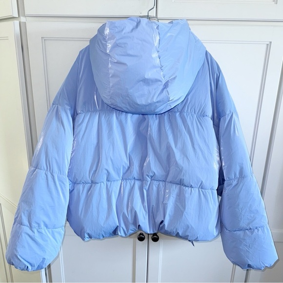 Zara Water-Repellent Quilted Hooded Jacket Shimmer Blue Puffer Coat Sz 2XL - Picture 4 of 15
